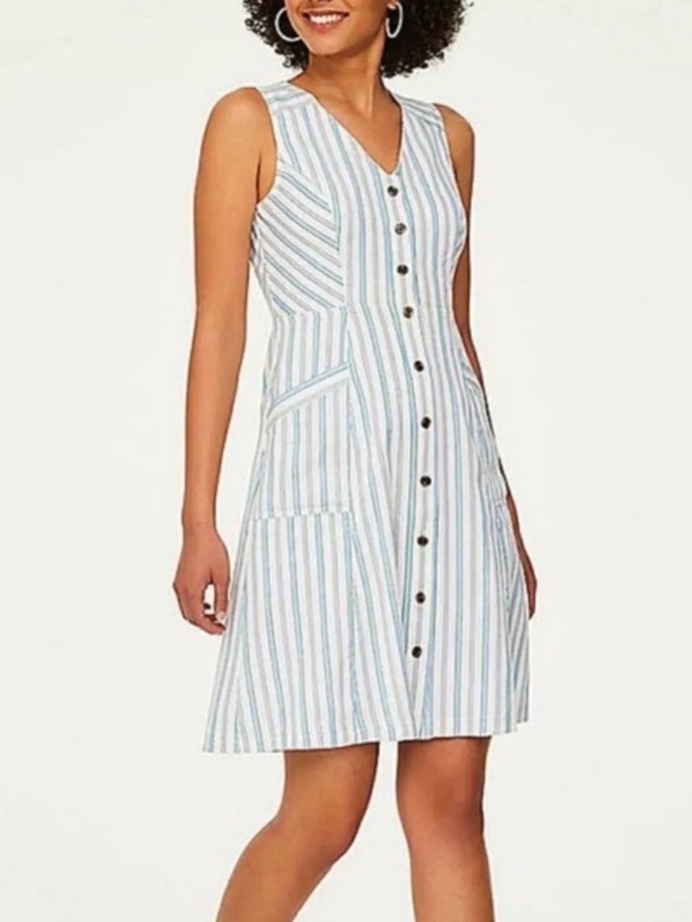 LOFT White and Gray Striped Sleeveless Button-Front Dress, Women’s Size 0